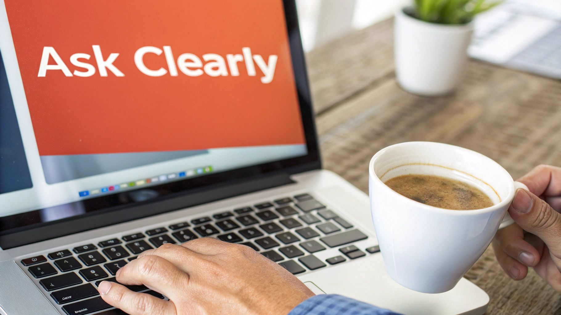 A person typing on a laptop with 'Ask Clearly' displayed on the screen, holding a coffee cup.