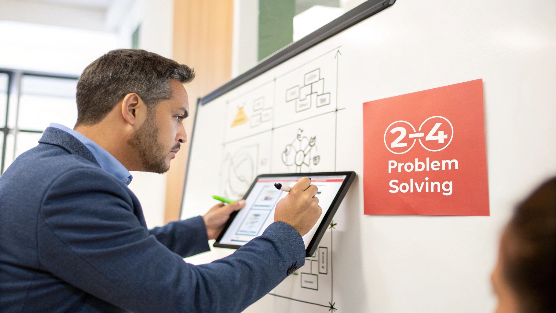Professional man uses a tablet and stylus to visualize problem-solving concepts on a whiteboard.