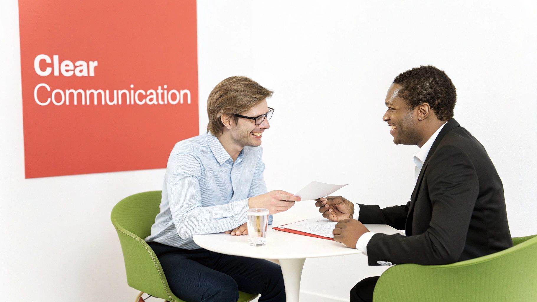Two smiling men exchange documents at a white table, with a 'Clear Communication' sign.