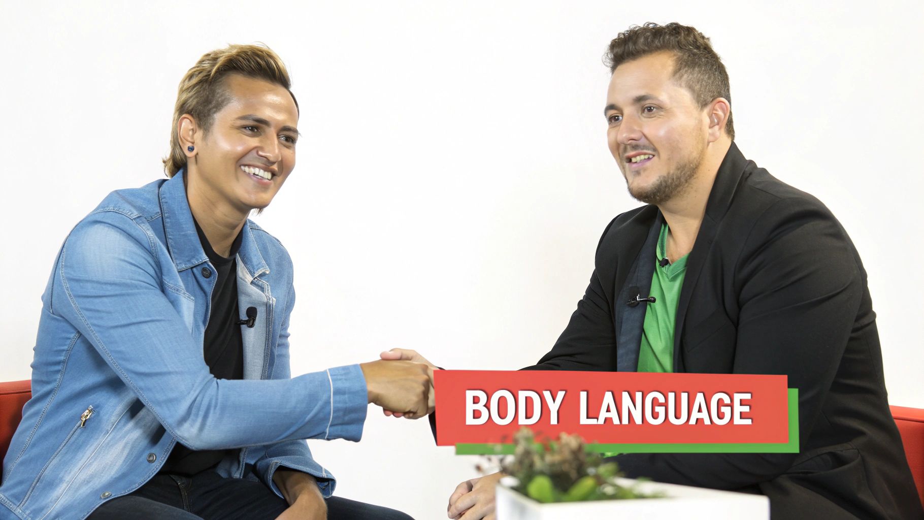 Two smiling men shaking hands, with 'BODY LANGUAGE' text overlaid on a red banner.