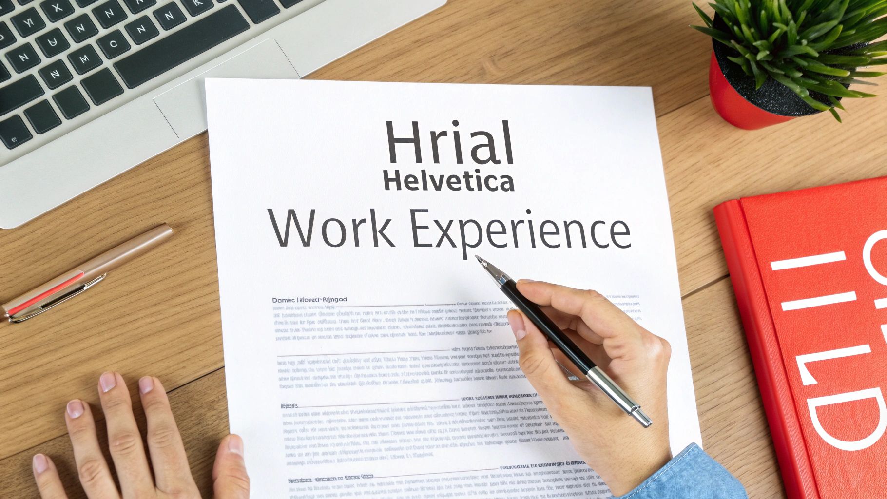 Person holding pen over resume document titled Work Experience on wooden desk with keyboard
