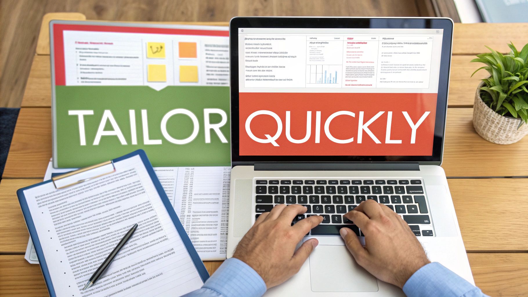 A person sitting at a desk, comparing a resume on a laptop screen with a job description on a piece of paper, highlighting keywords.