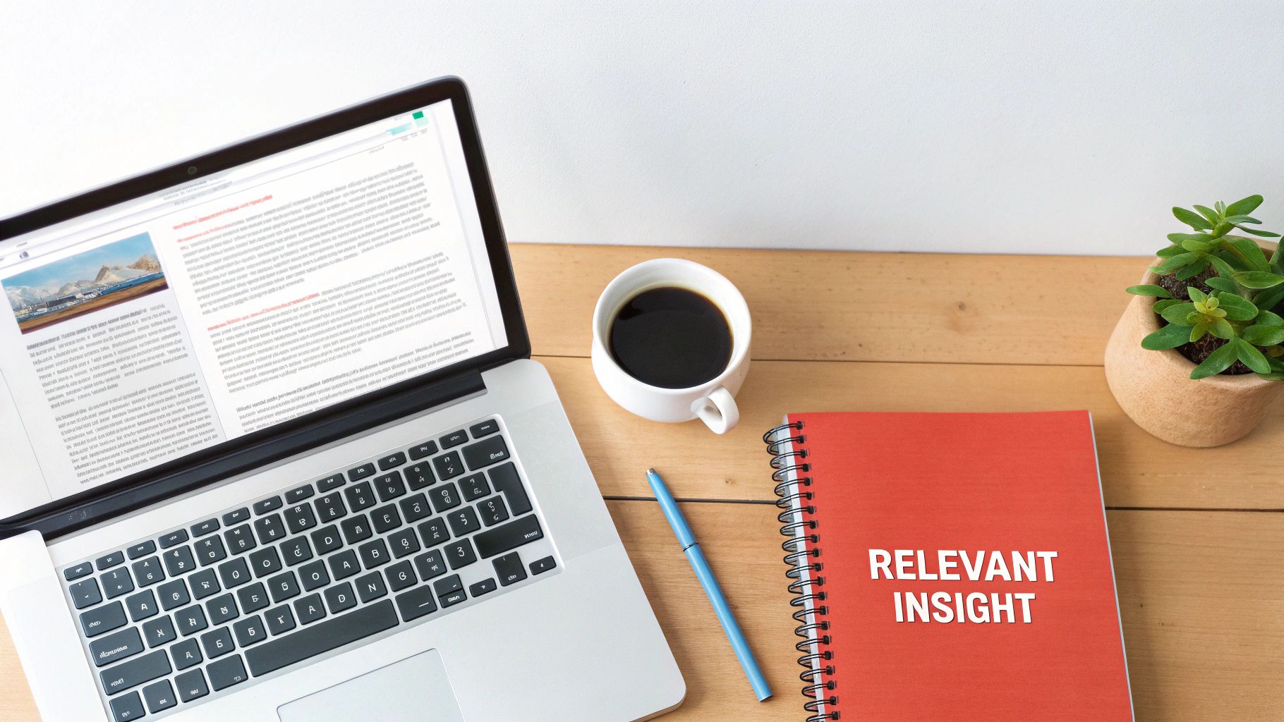 A flat lay of a laptop, coffee, pen, and a notebook titled 'RELEVANT INSIGHT' on a wooden desk.