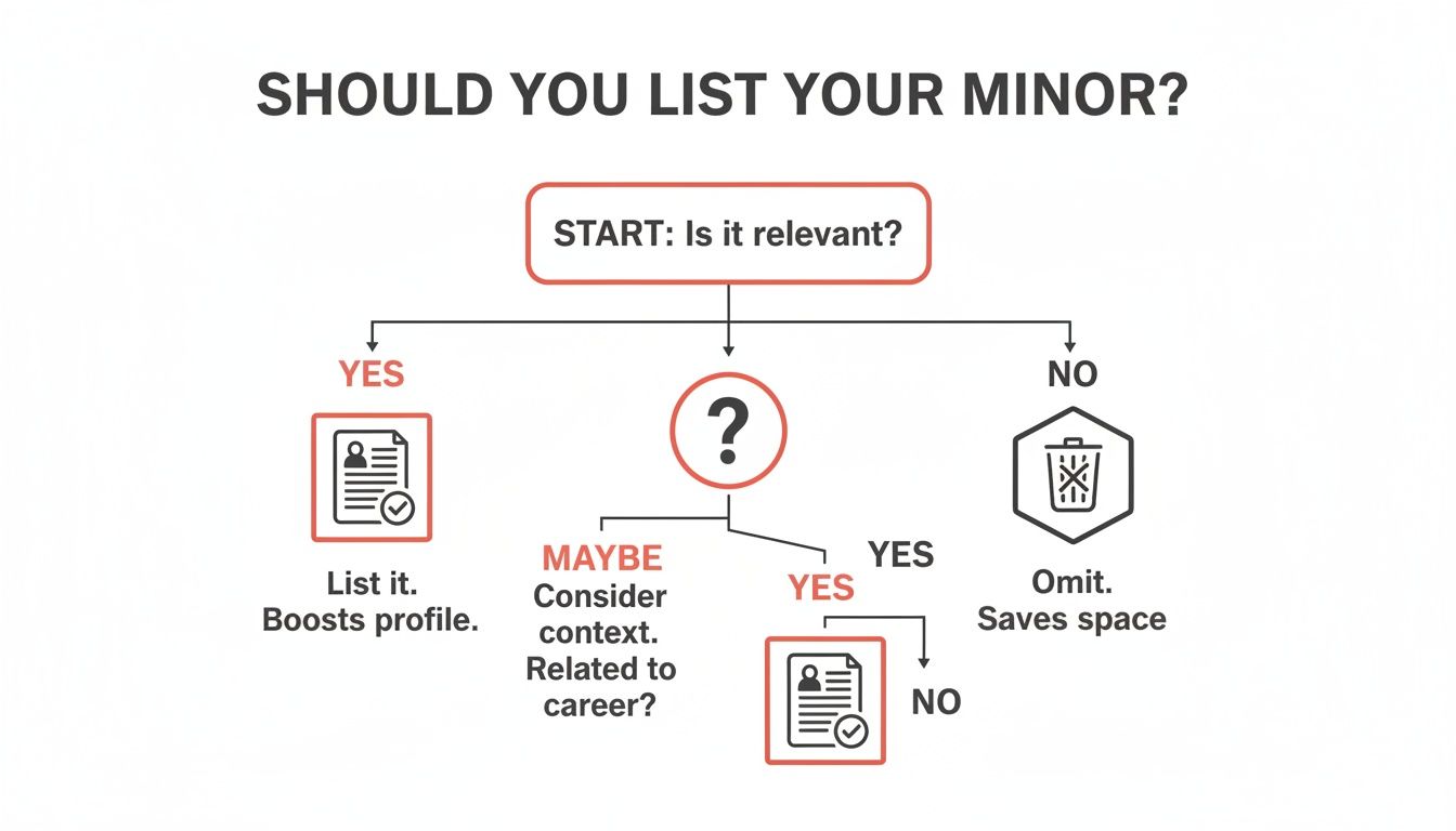 Flowchart on whether to list a minor on a resume, based on relevance to career.
