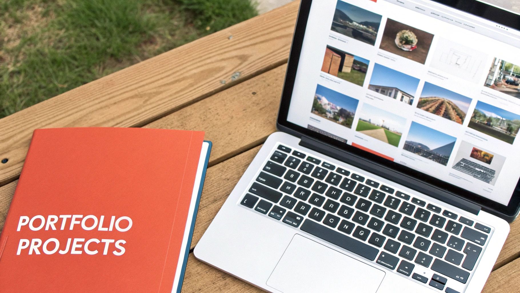 Laptop displaying a skills chart next to a notebook labeled 'SKILLS' on a wooden desk.