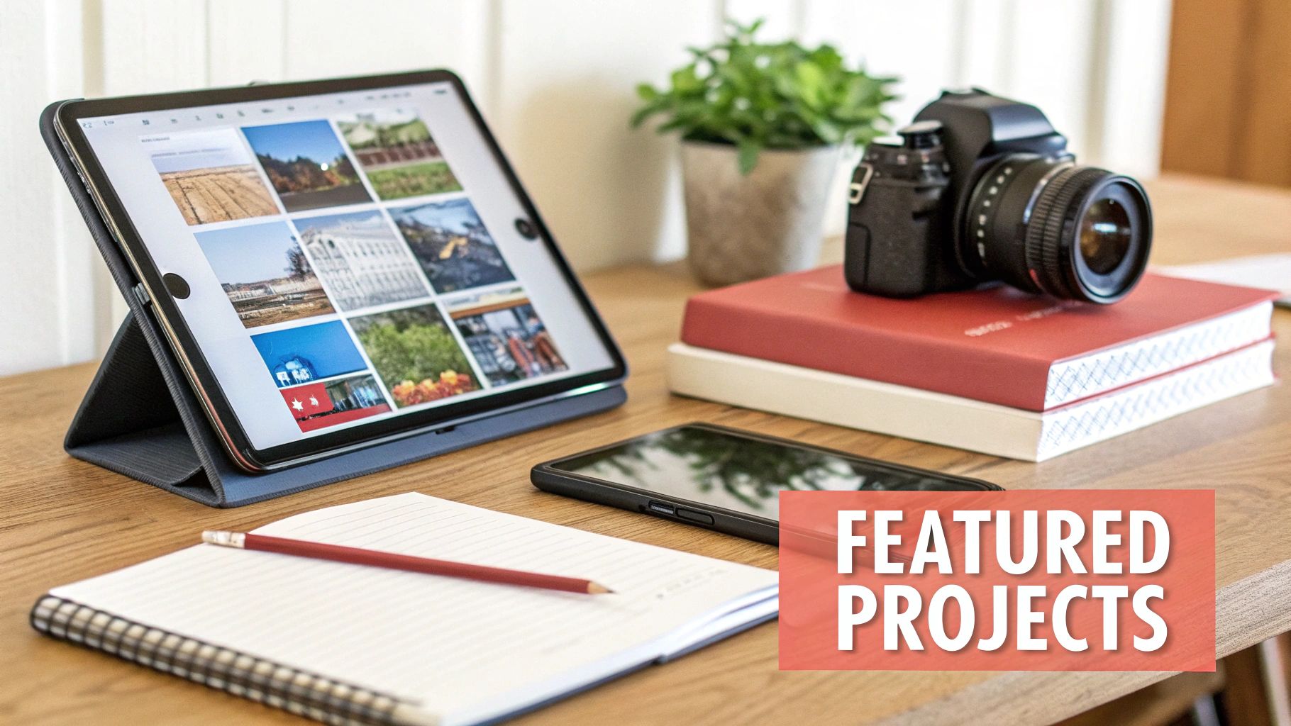 Tablet displaying photo gallery on desk with camera, notebooks, and smartphone for creative projects