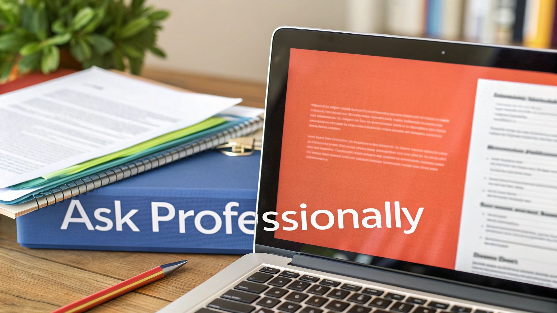 A laptop and documents on a wooden desk, with a blue binder showing 'Ask Professionally'.