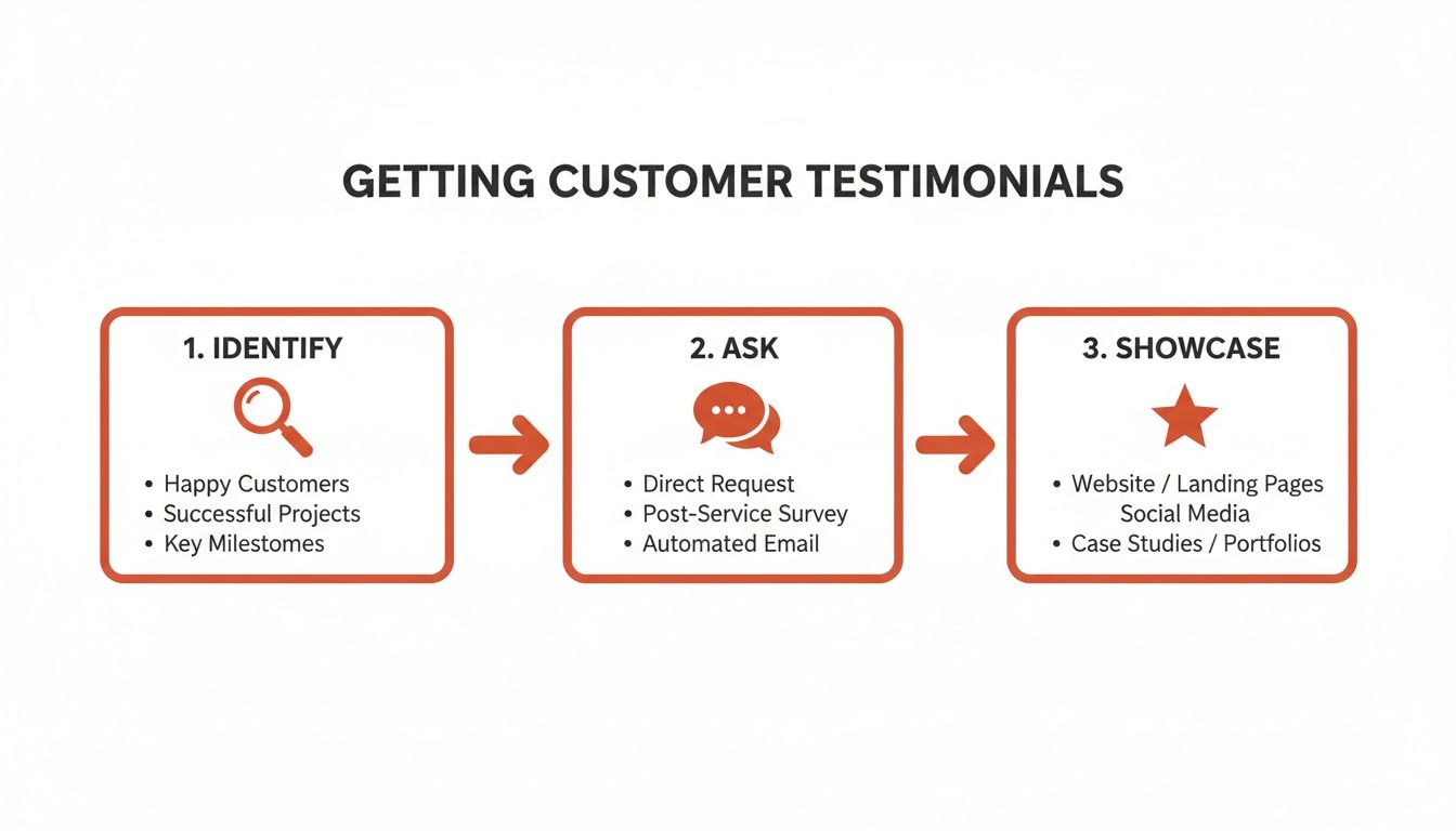 Infographic illustrating a three-step process for getting and showcasing customer testimonials effectively.