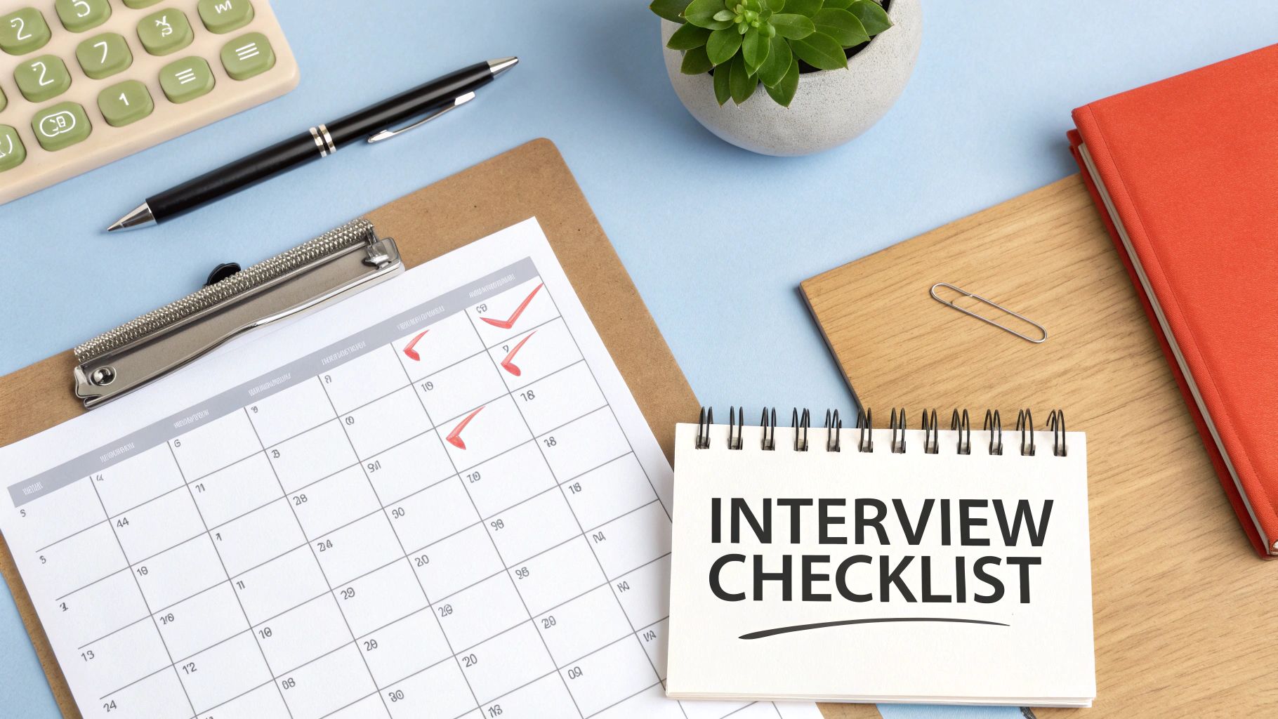 A flat lay desk setup featuring an 'Interview Checklist' notebook, calendar, calculator, and pen.