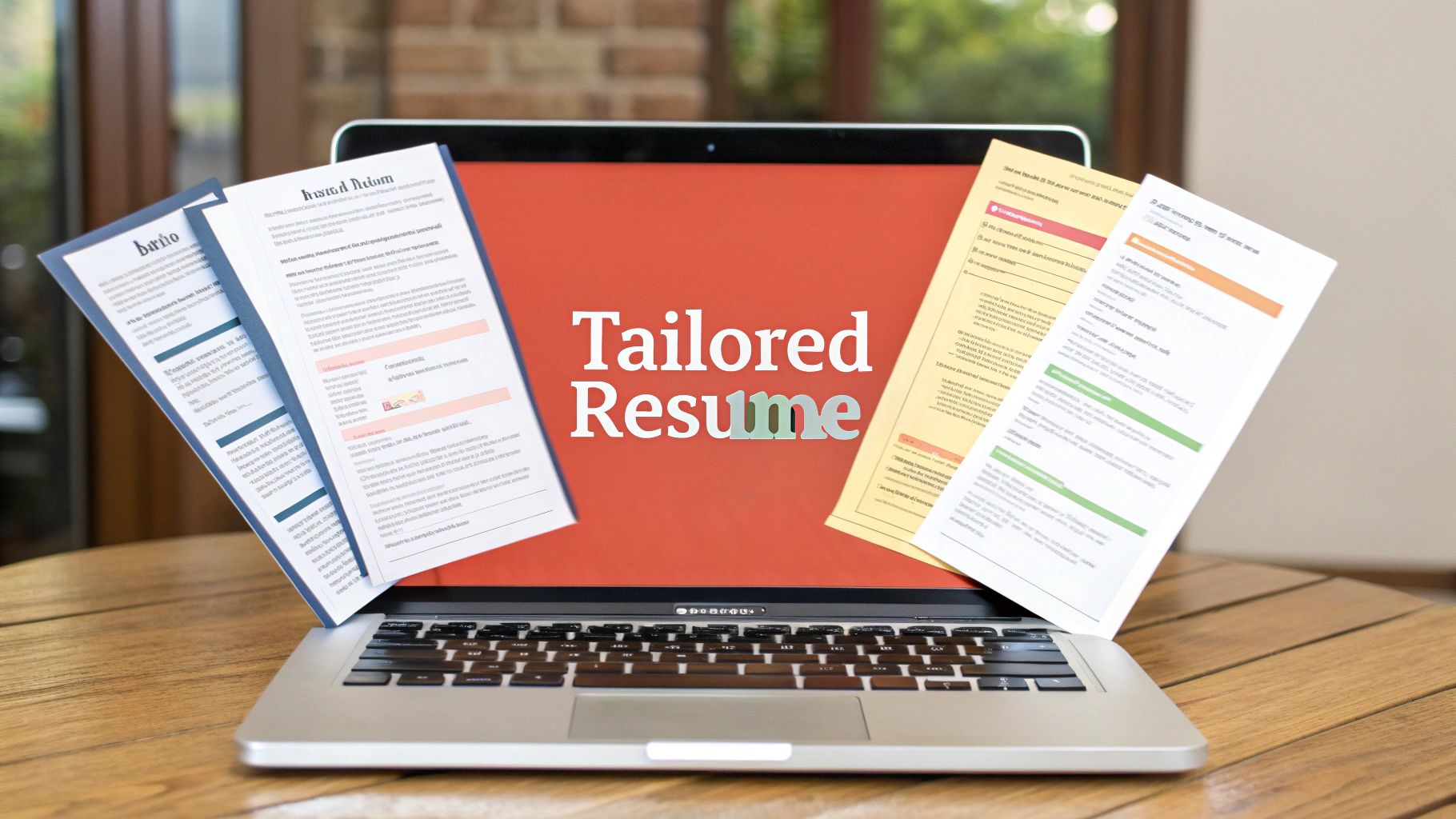 A laptop screen displays 'Tailored Resume' with multiple professional resume documents surrounding it.