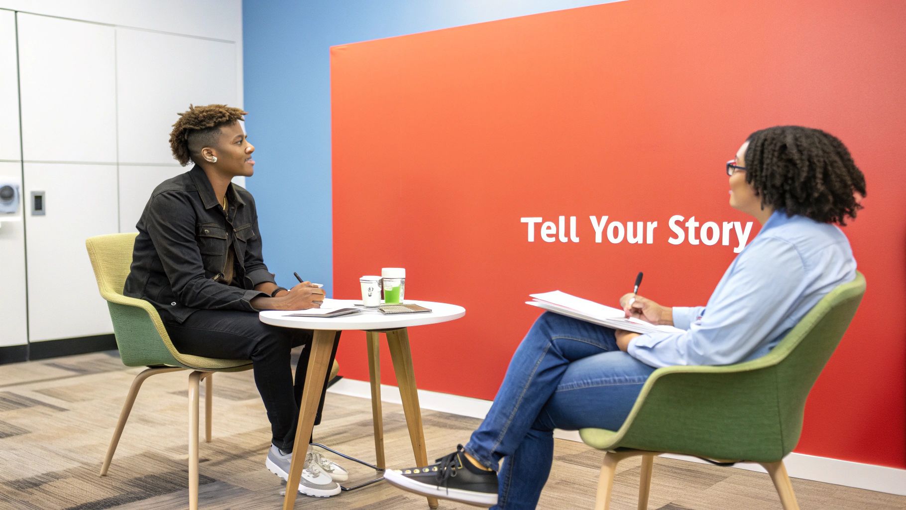 Two people sit opposite each other, writing notes in a room with a 'Tell Your Story' wall.
