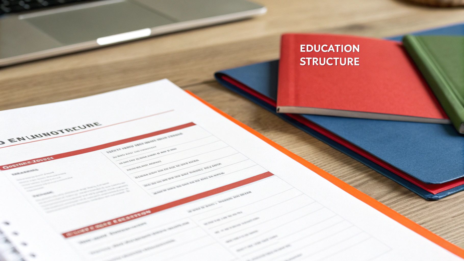 A close-up of a desk with a document titled 'Education Structure' and colorful notebooks.