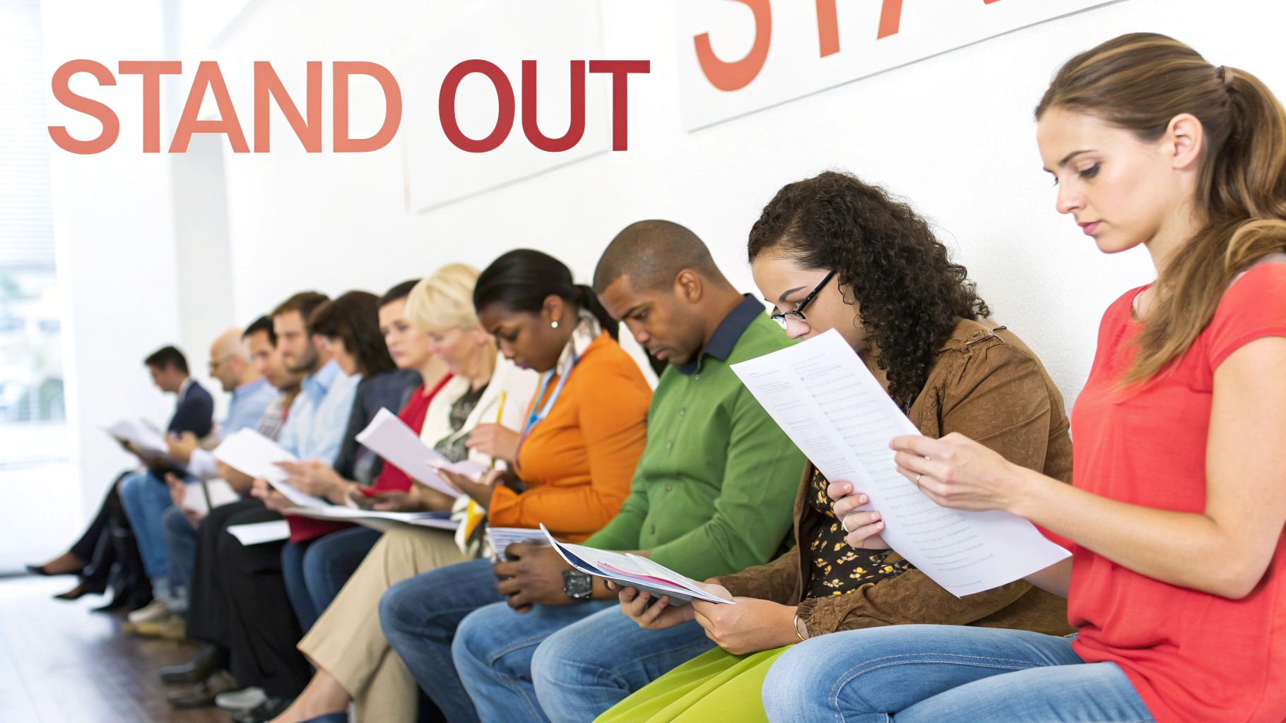 A diverse group of people, likely job applicants, sitting in a waiting room and reading documents.