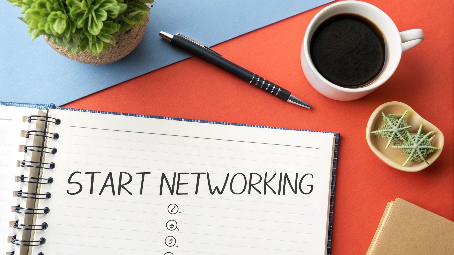 Overhead shot of a notebook with 'START NETWORKING' written, a pen, coffee, and plant.