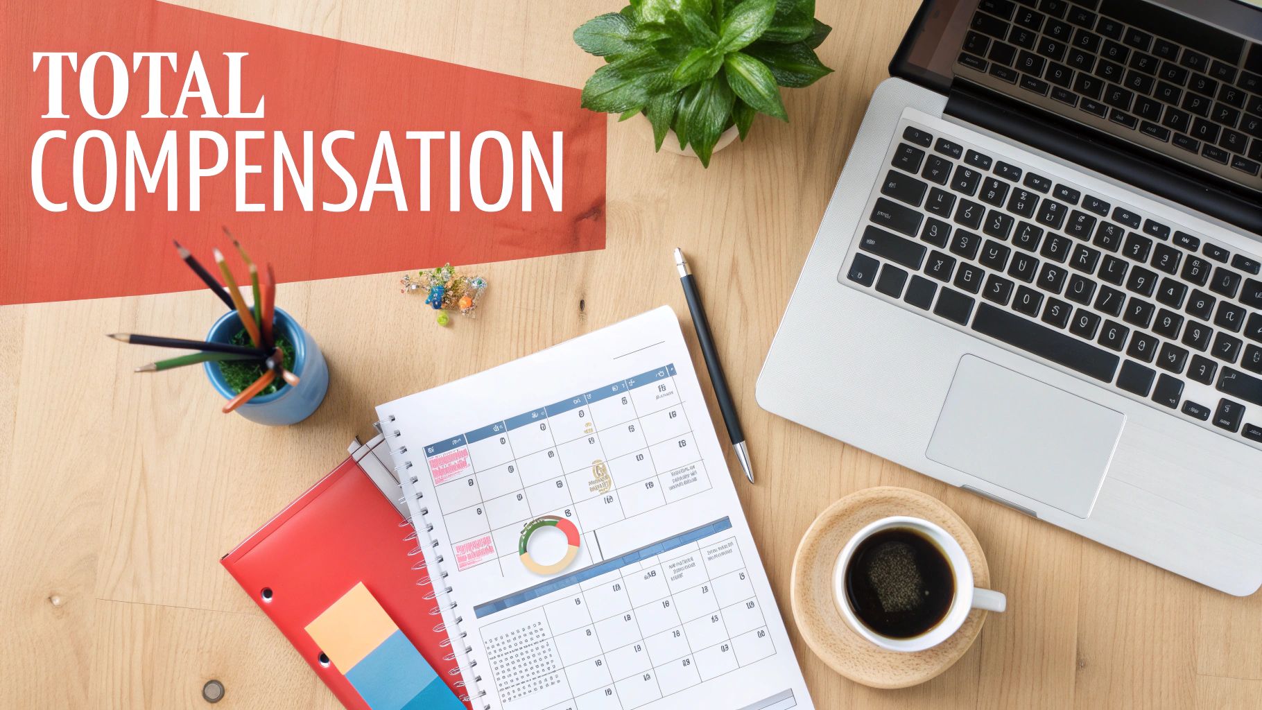 Overhead shot of a work desk with a laptop, coffee, planner, and 'TOTAL COMPENSATION' text.