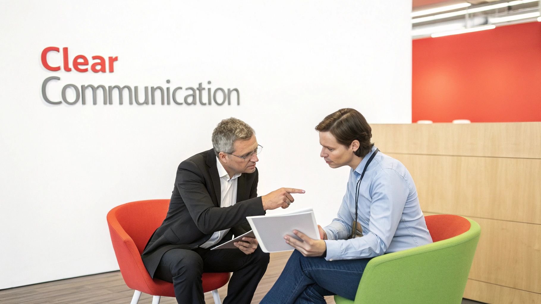 Two men discuss documents in a modern office, one pointing, with 'Clear Communication' on the wall.