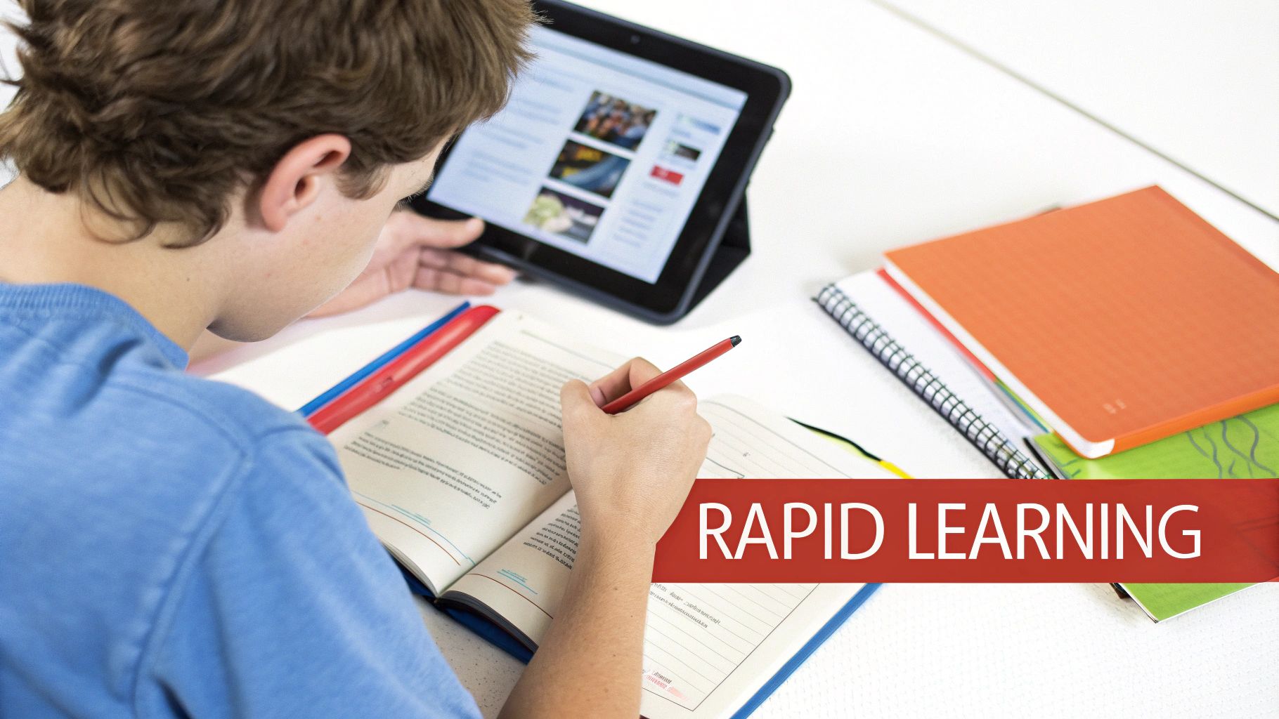 Overhead shot of a student simultaneously using a tablet and writing in a book, embodying rapid learning.
