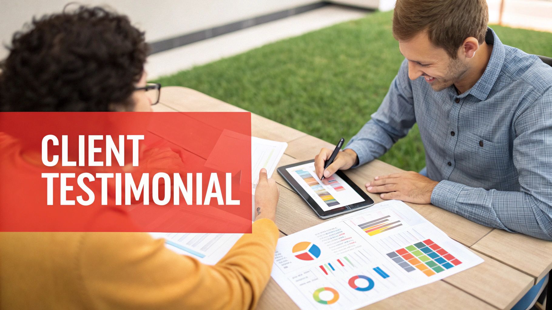 Two people review data on a tablet and charts outdoors, with a 'Client Testimonial' text overlay.