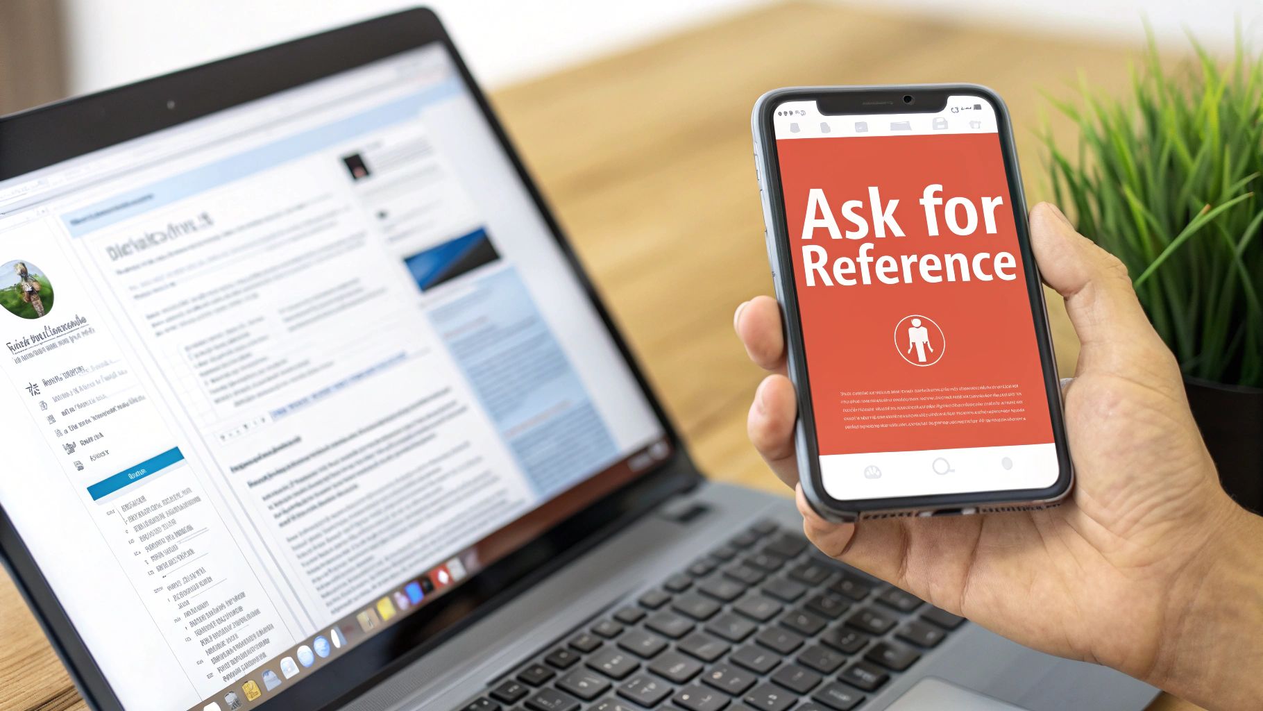 A person holds a smartphone showing 'Ask for Reference' next to a laptop displaying a professional profile.