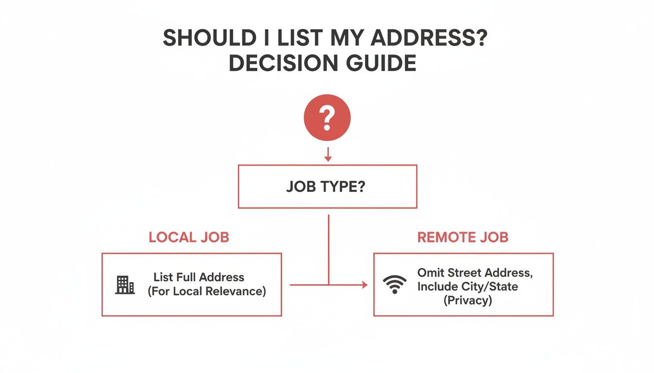 A decision guide flowchart asking if you should list your address, differentiating between local and remote jobs.