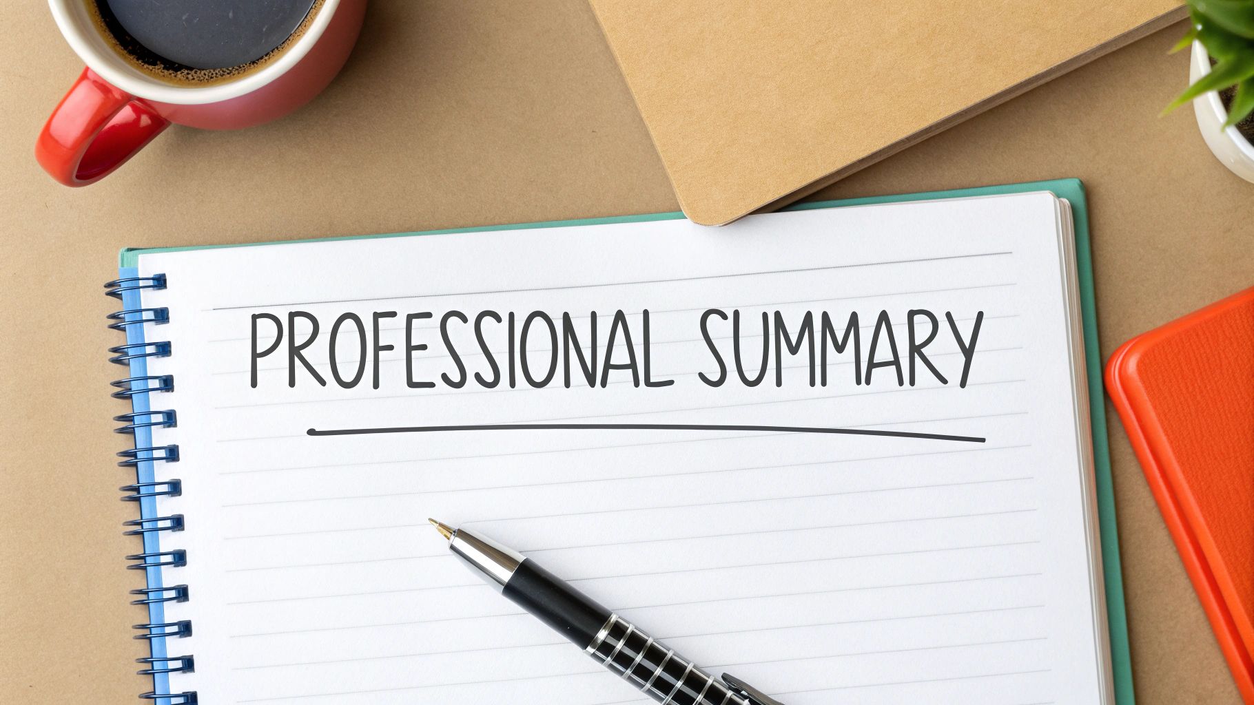 A notebook on a desk with 'PROFESSIONAL SUMMARY' written, next to a pen and coffee.