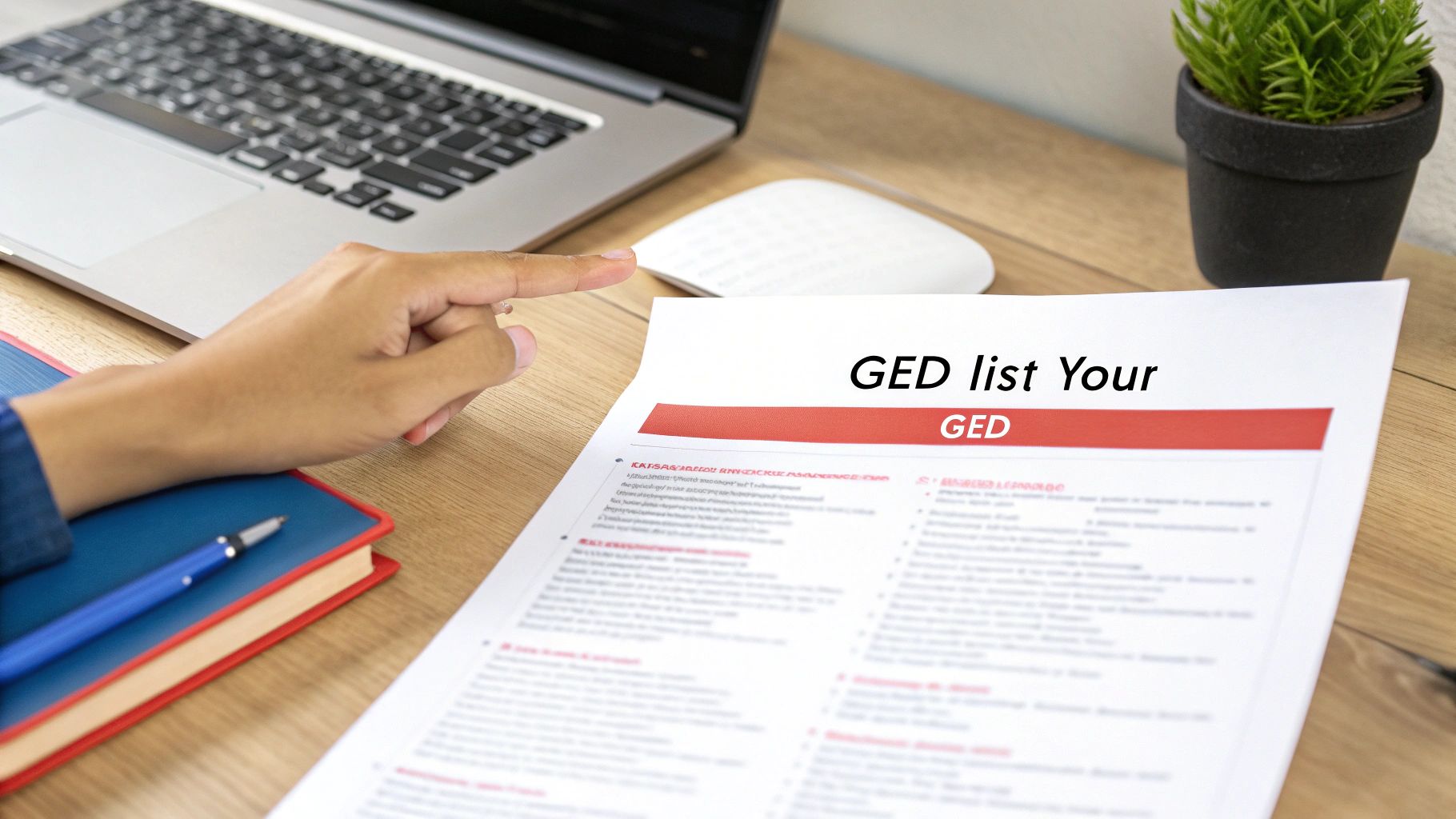 A person points at a document titled "GED list Your GED" on a wooden desk with a laptop.