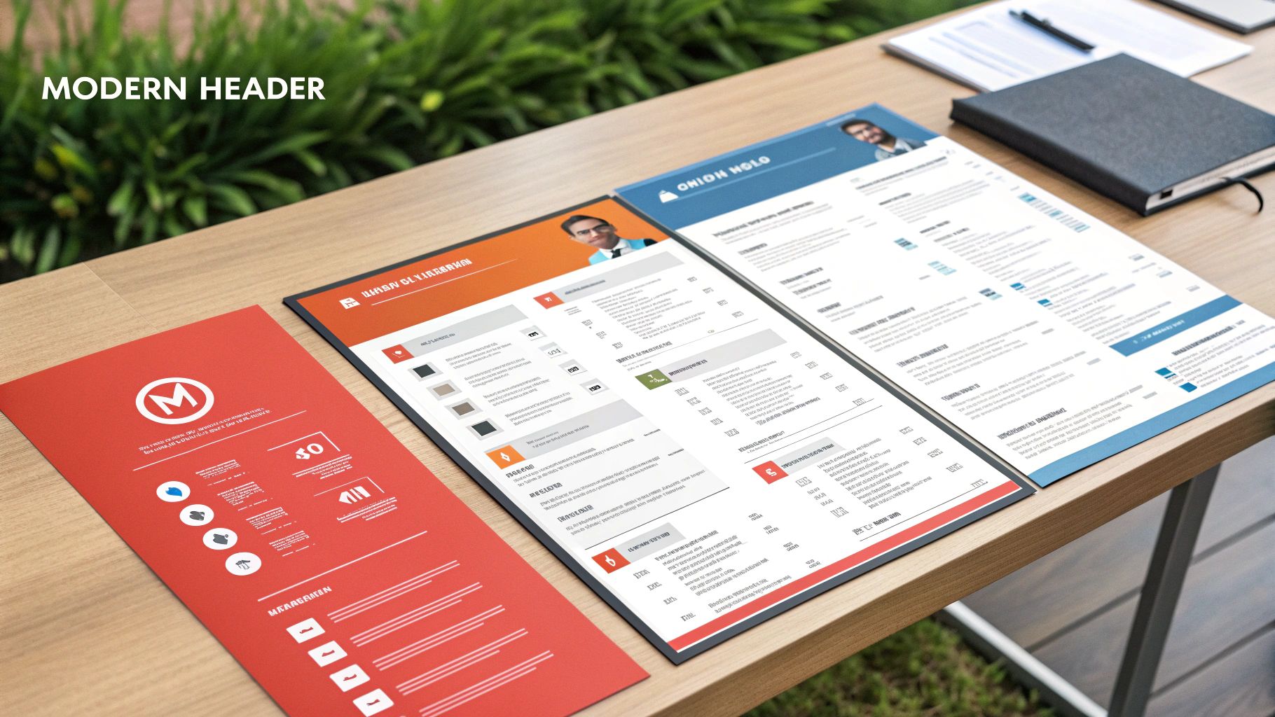 Two modern resume templates and a red flyer on a wooden desk, featuring headers with photos.