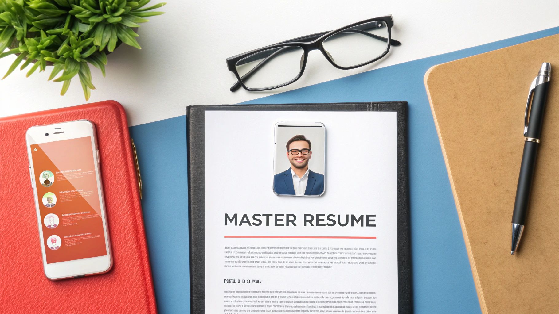 Overhead shot of a desk setup featuring a master resume, smartphone, pen, eyeglasses, and a plant.