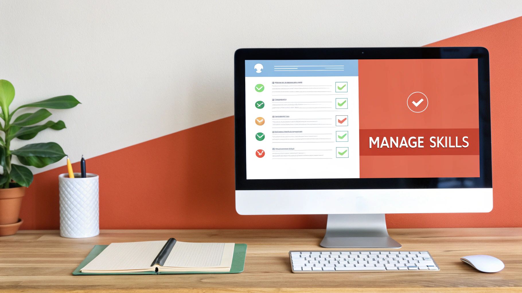 A modern desk setup with a computer showing a 'Manage Skills' interface, notebook, and plant.
