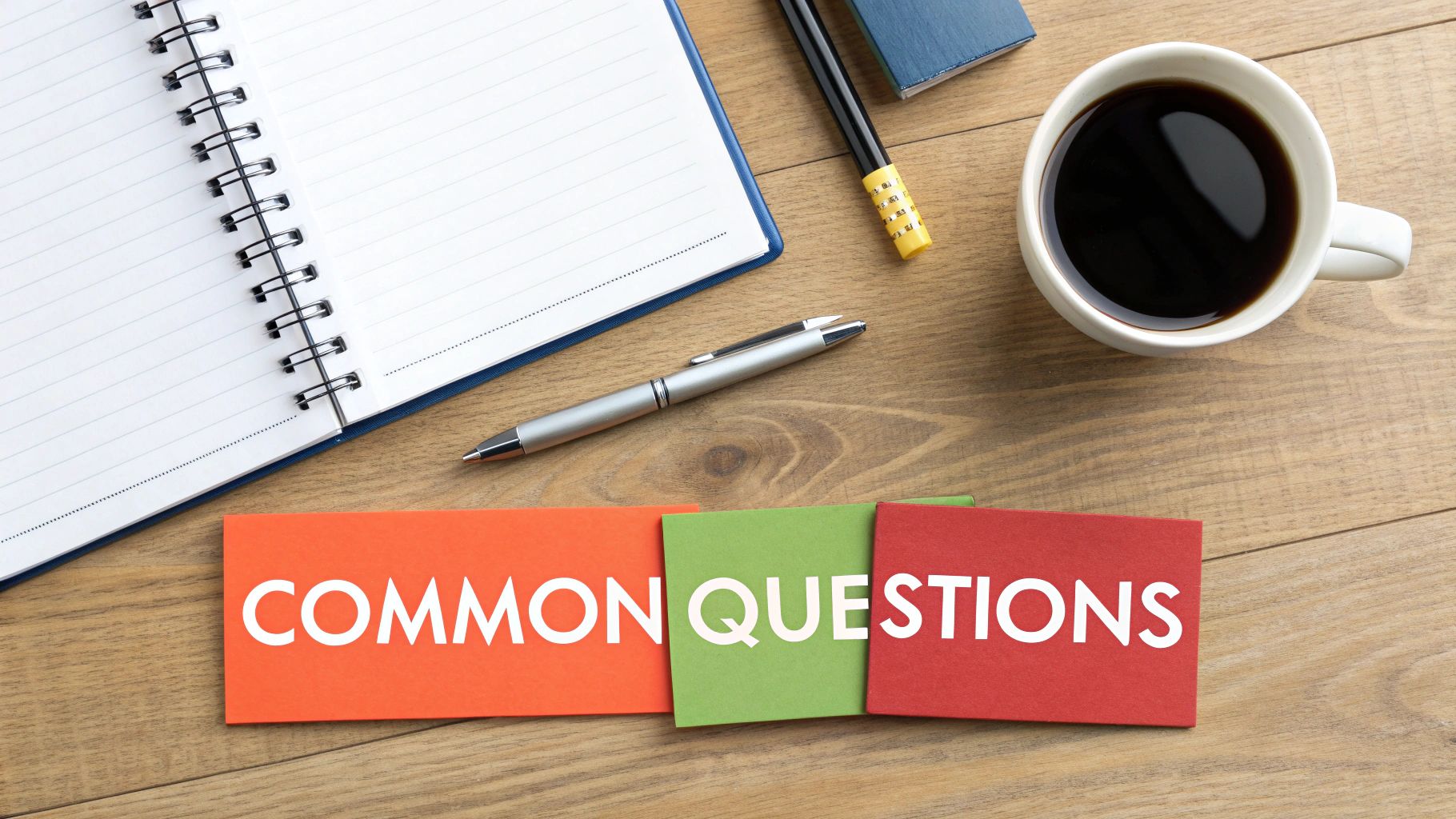 A flat lay of a desk with a notebook, pen, coffee, and cards spelling 'COMMON QUESTIONS'.