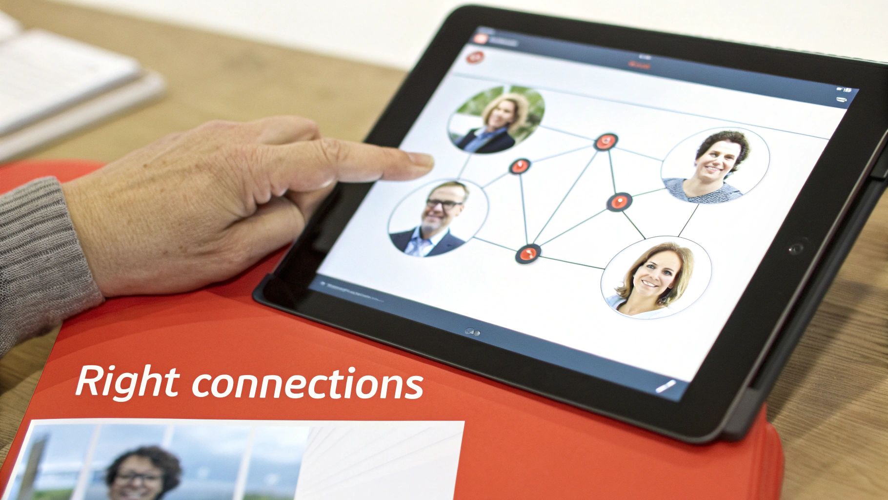 A hand taps a tablet displaying a network of connected professional profiles.