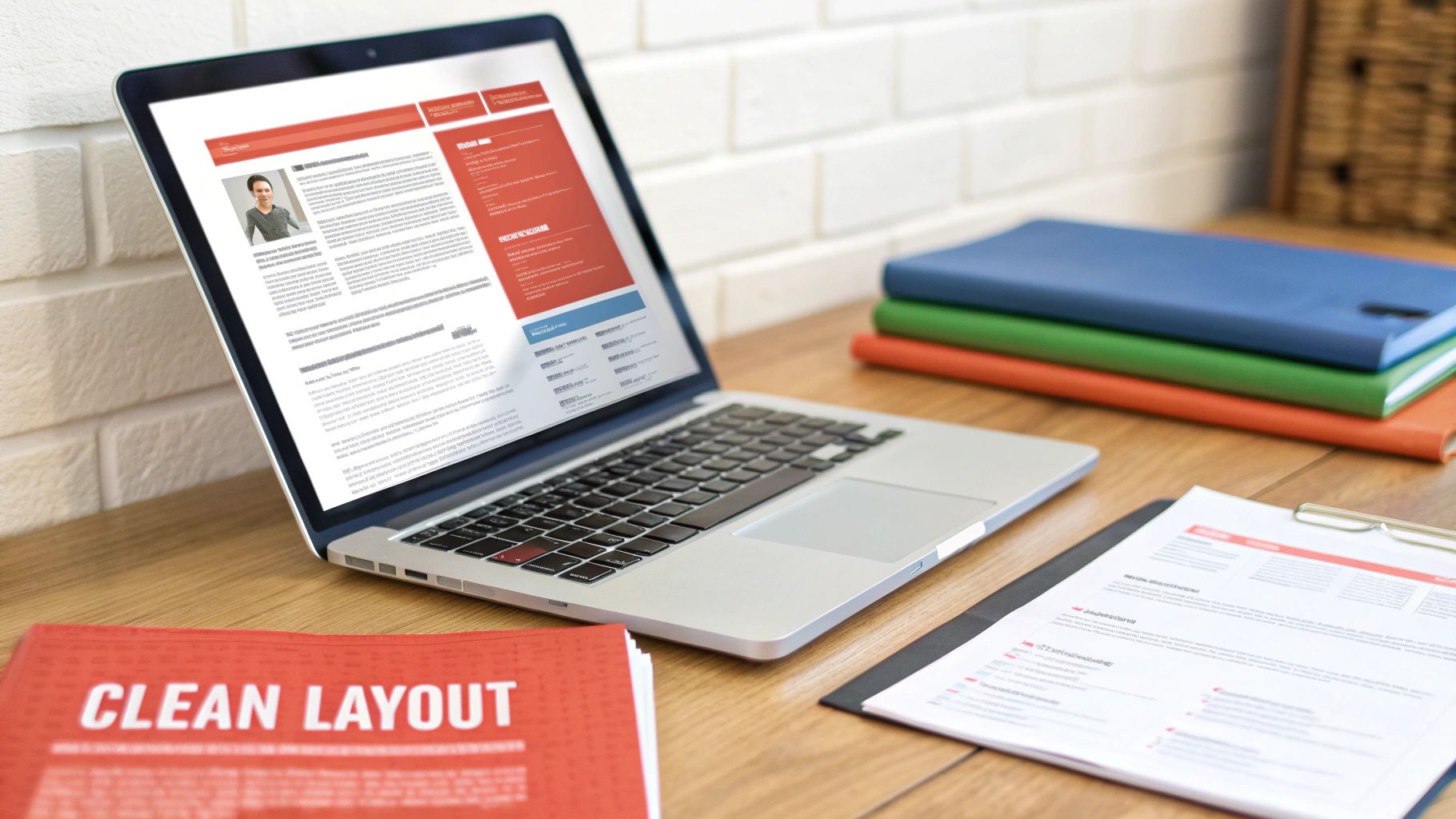 A well-organized desk with a laptop displaying a resume, a physical resume, and design books.