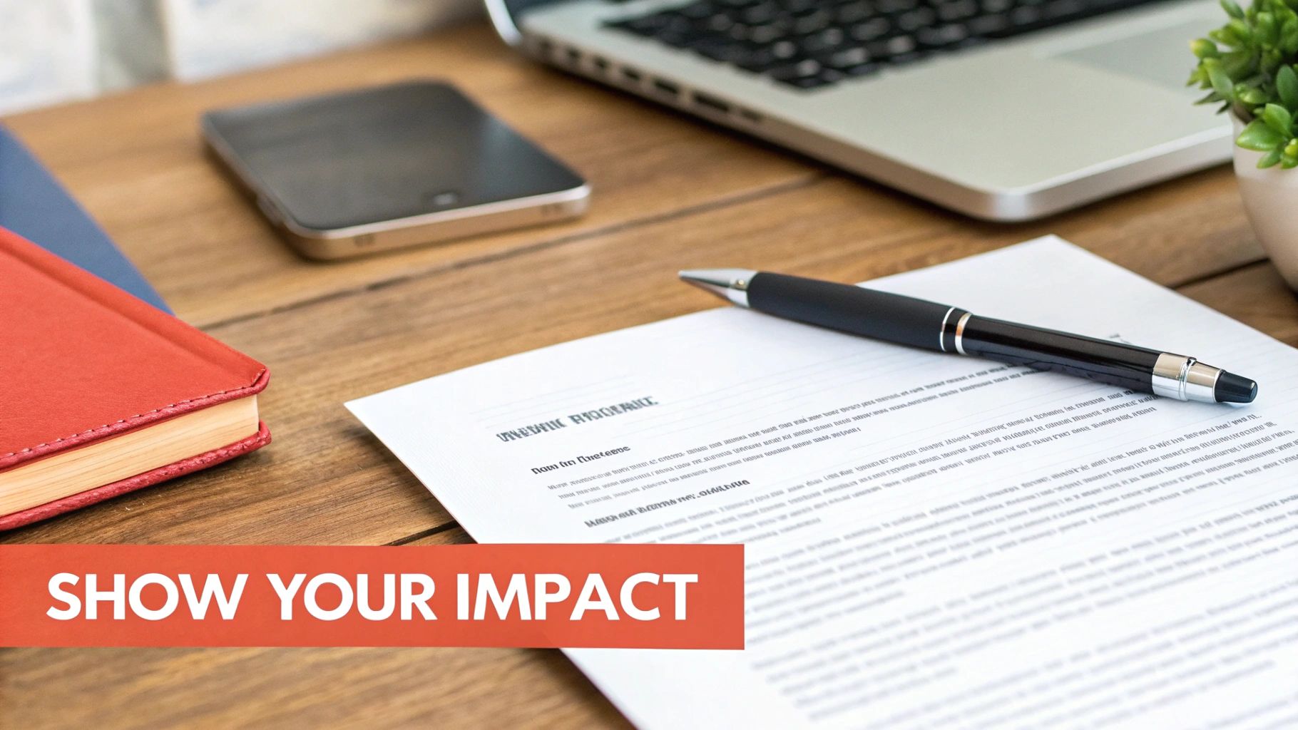 A flat lay of an office desk with a laptop, smartphone, book, pen on a document, and a plant. A red banner states 'SHOW YOUR IMPACT'.
