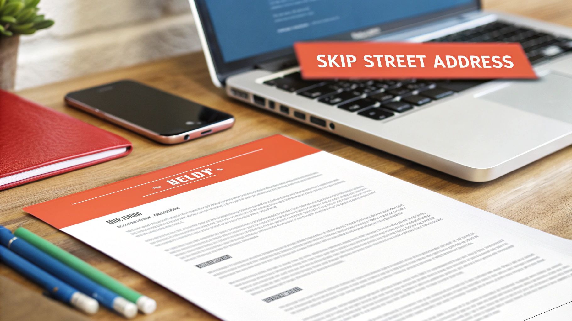 Workspace with laptop showing "SKIP STREET ADDRESS" banner, a smartphone, and a resume on the desk.