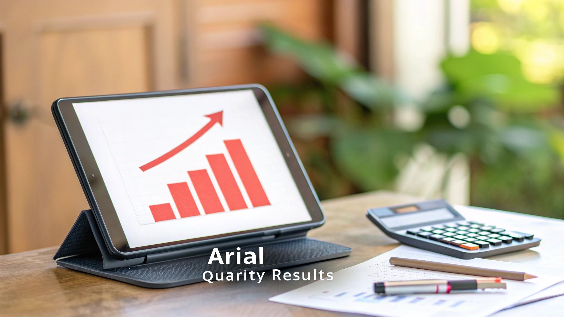 Tablet displaying red growth chart with arrow on desk alongside calculator and office supplies
