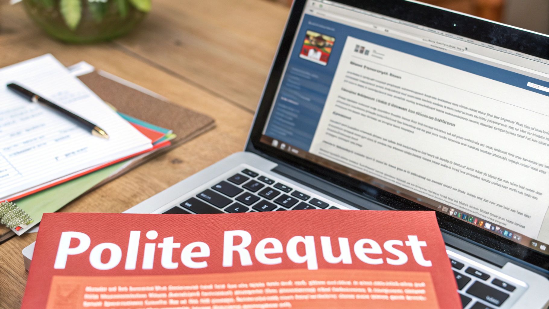 Laptop displaying a webpage, a notebook with pen, and a red "Polite Request" folder on a wooden desk.