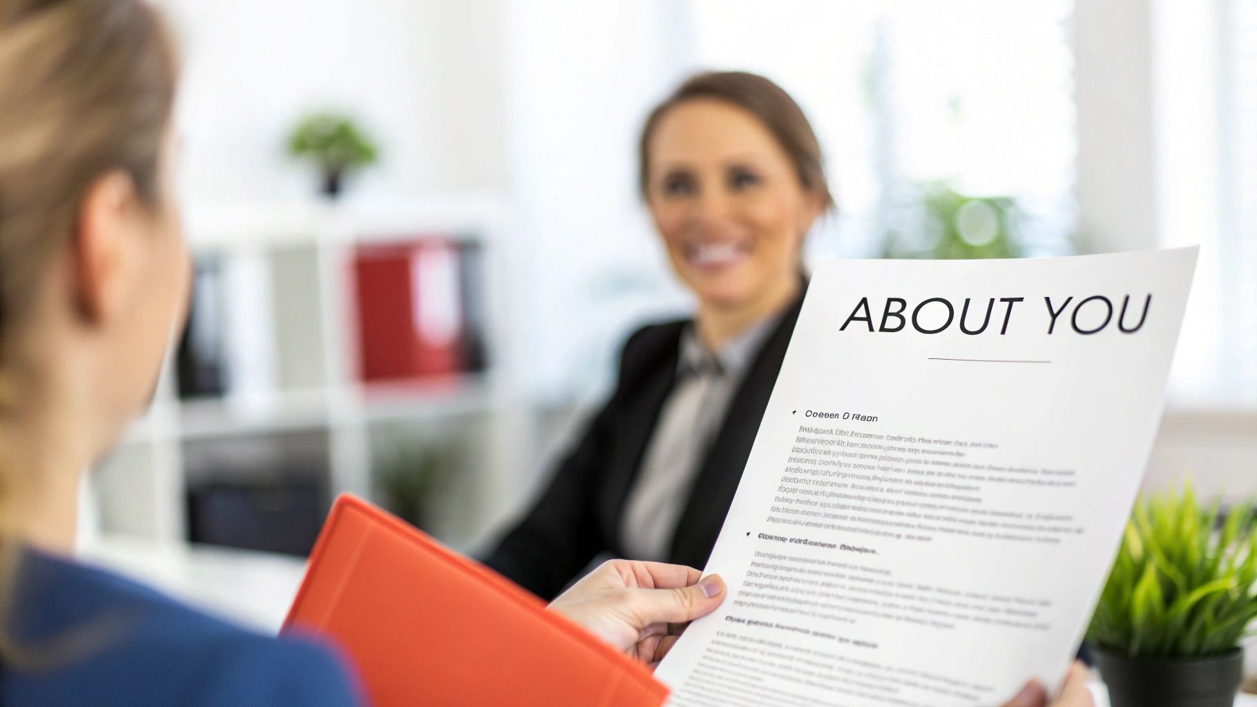 A person holds a document titled 'ABOUT YOU' during a job interview with a smiling interviewer.