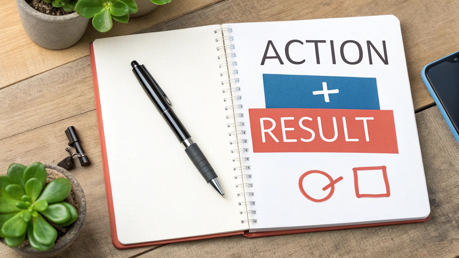 An open notebook on a wooden desk displaying 'ACTION + RESULT' text, with a pen, potted plants, and a phone.