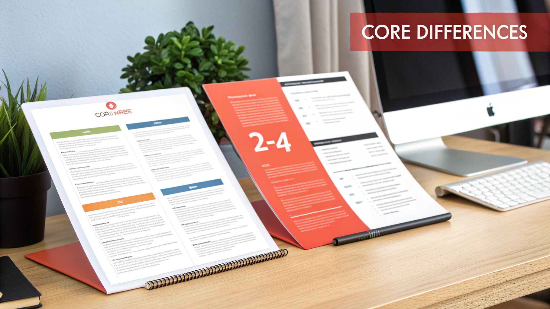 Two professional documents displaying 'CORE DIFFERENCES' on a desk with a computer.