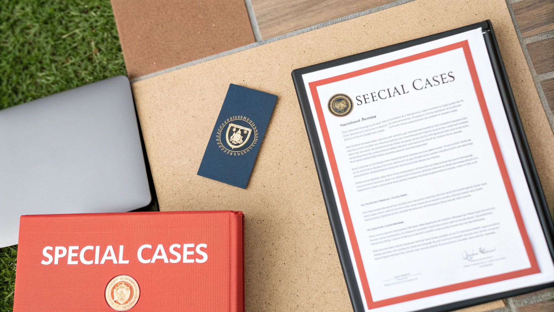 A flat lay of a red 'SPECIAL CASES' book, a blue card, and a framed document with a laptop on grass and tiles.