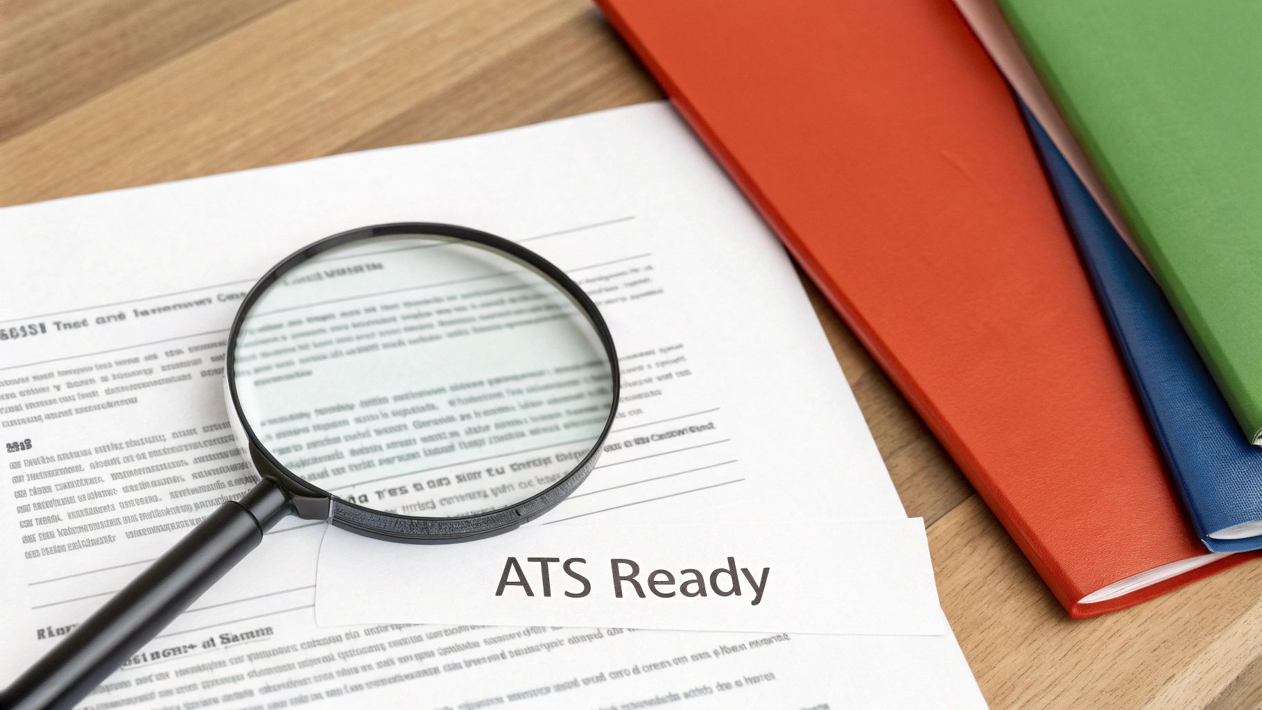 A magnifying glass on a document showing 'ATS Ready' text next to colorful binders.