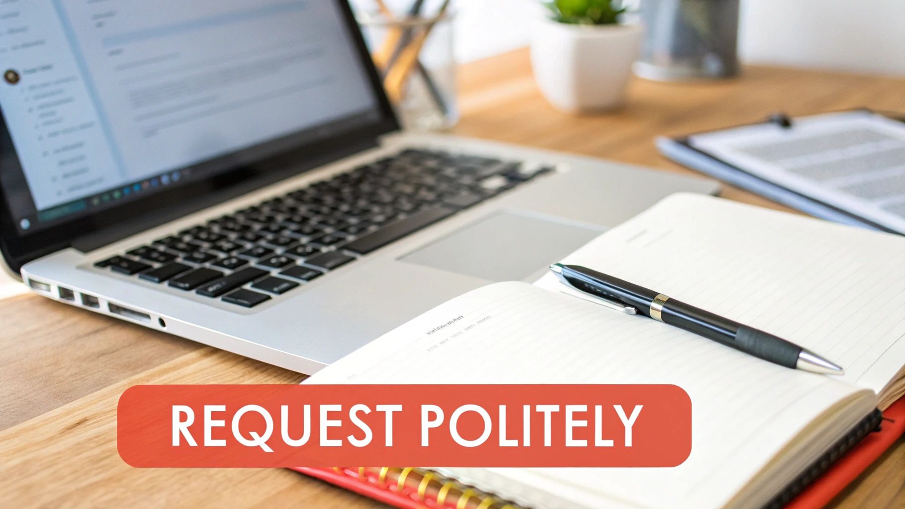 A laptop, open notebook with a pen, and a small plant on a wooden desk, featuring a 'REQUEST POLITELY' banner.