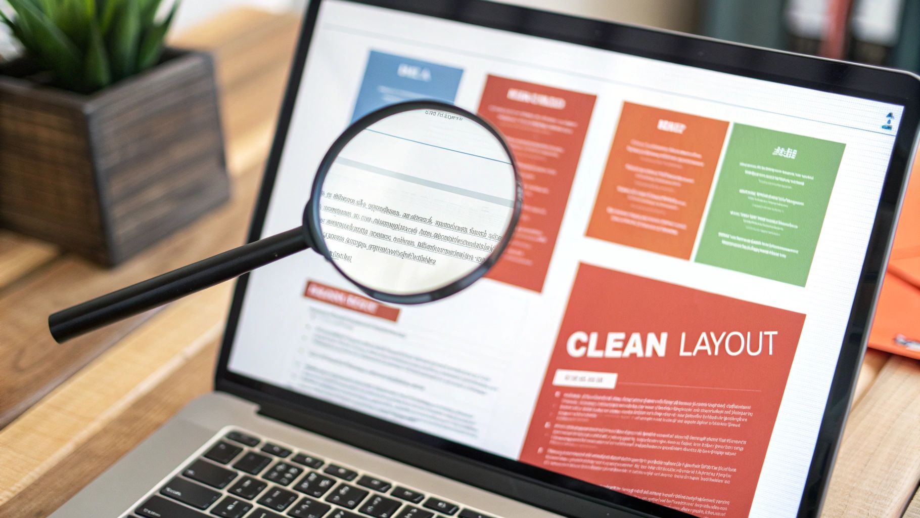 Magnifying glass examining website layout on laptop screen displaying colorful information cards and clean design