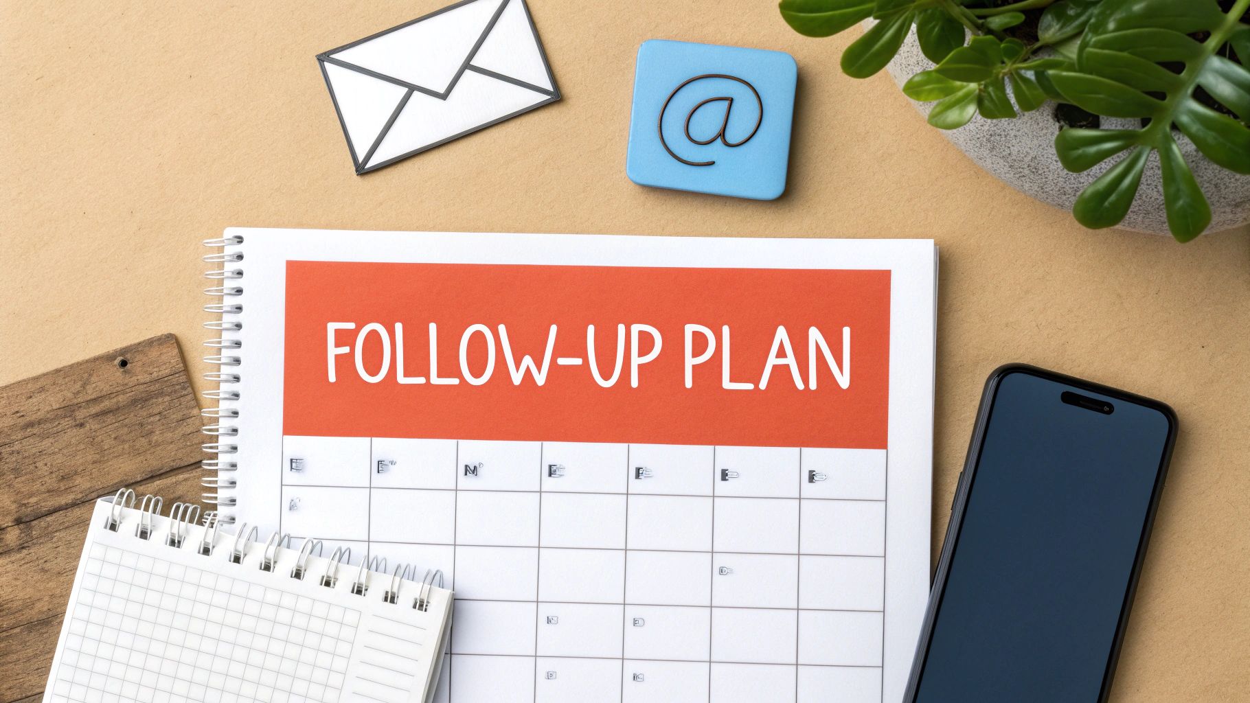 A flat lay shows a 'FOLLOW-UP PLAN' calendar, smartphone, notebook, and email icon on a desk.
