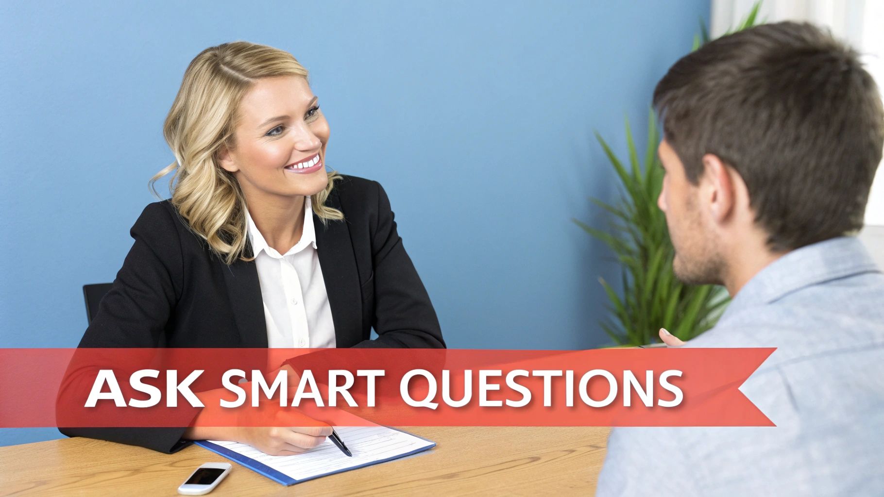 Professional woman interviewer takes notes during a job interview with a male candidate.