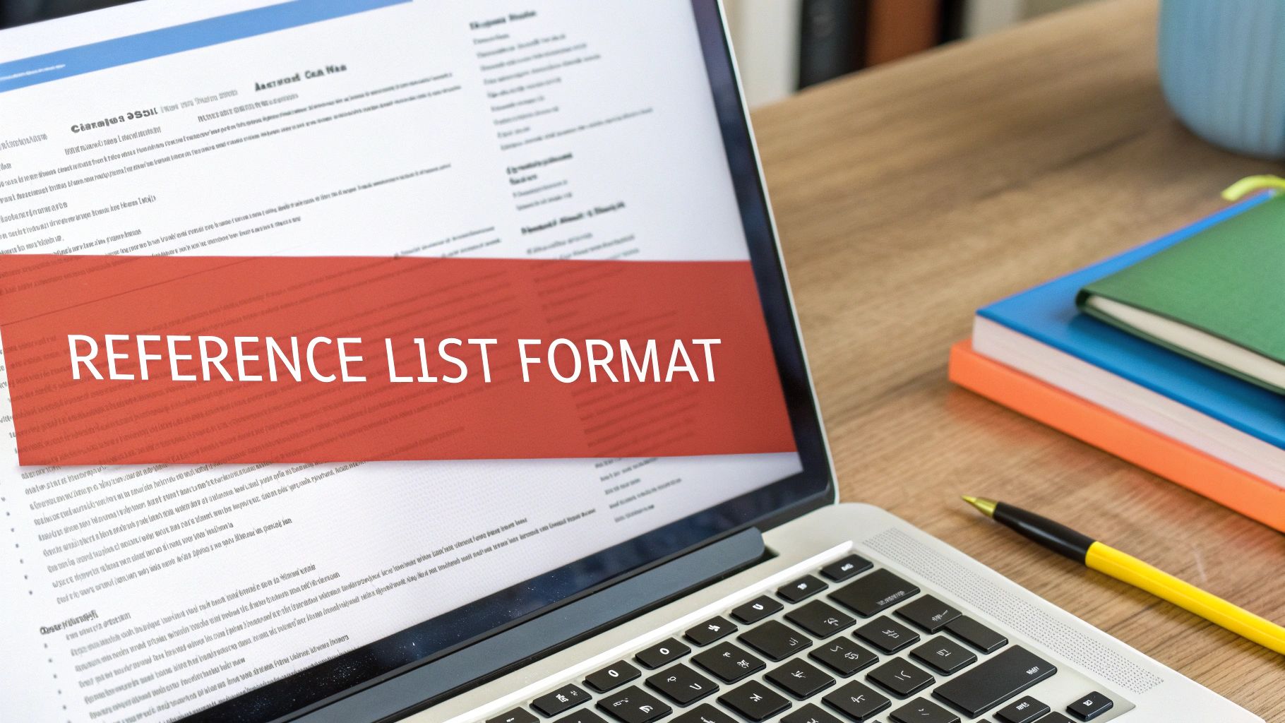 A laptop displays a document titled "REFERENCE LIST FORMAT" on a wooden desk with notebooks and a pen.