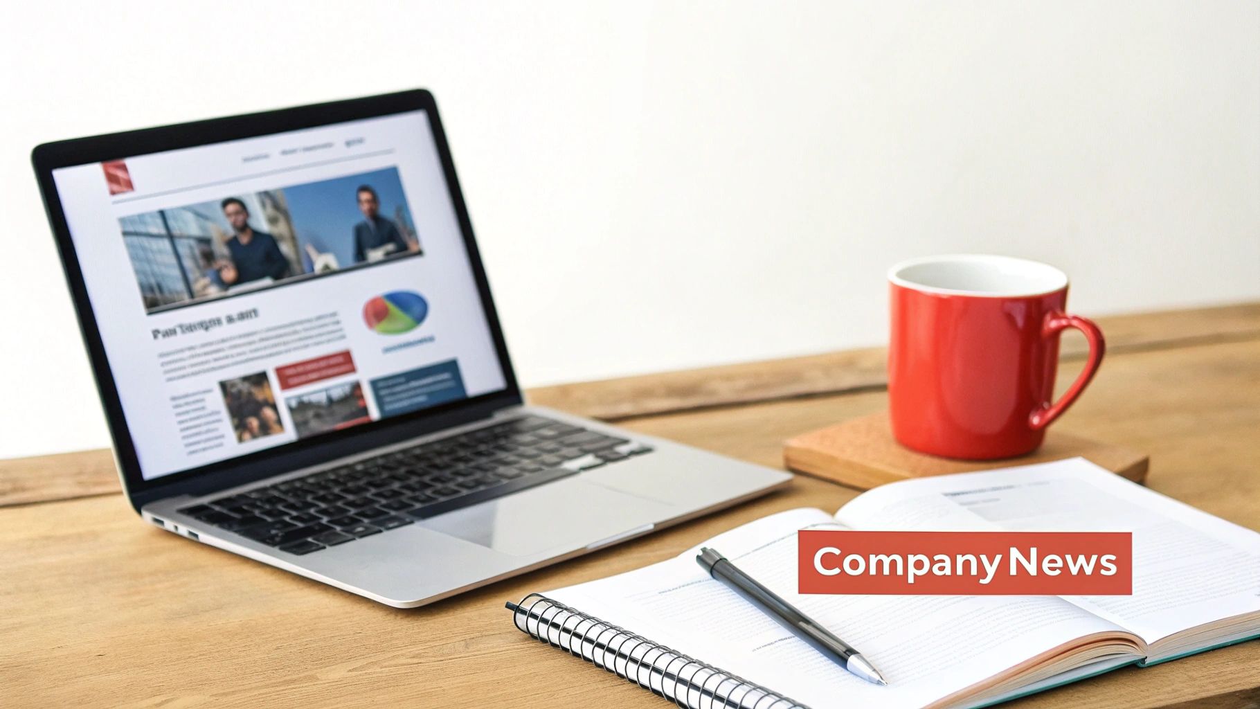 A modern workspace with a laptop displaying a news website, an open notebook, pen, and a red coffee mug.