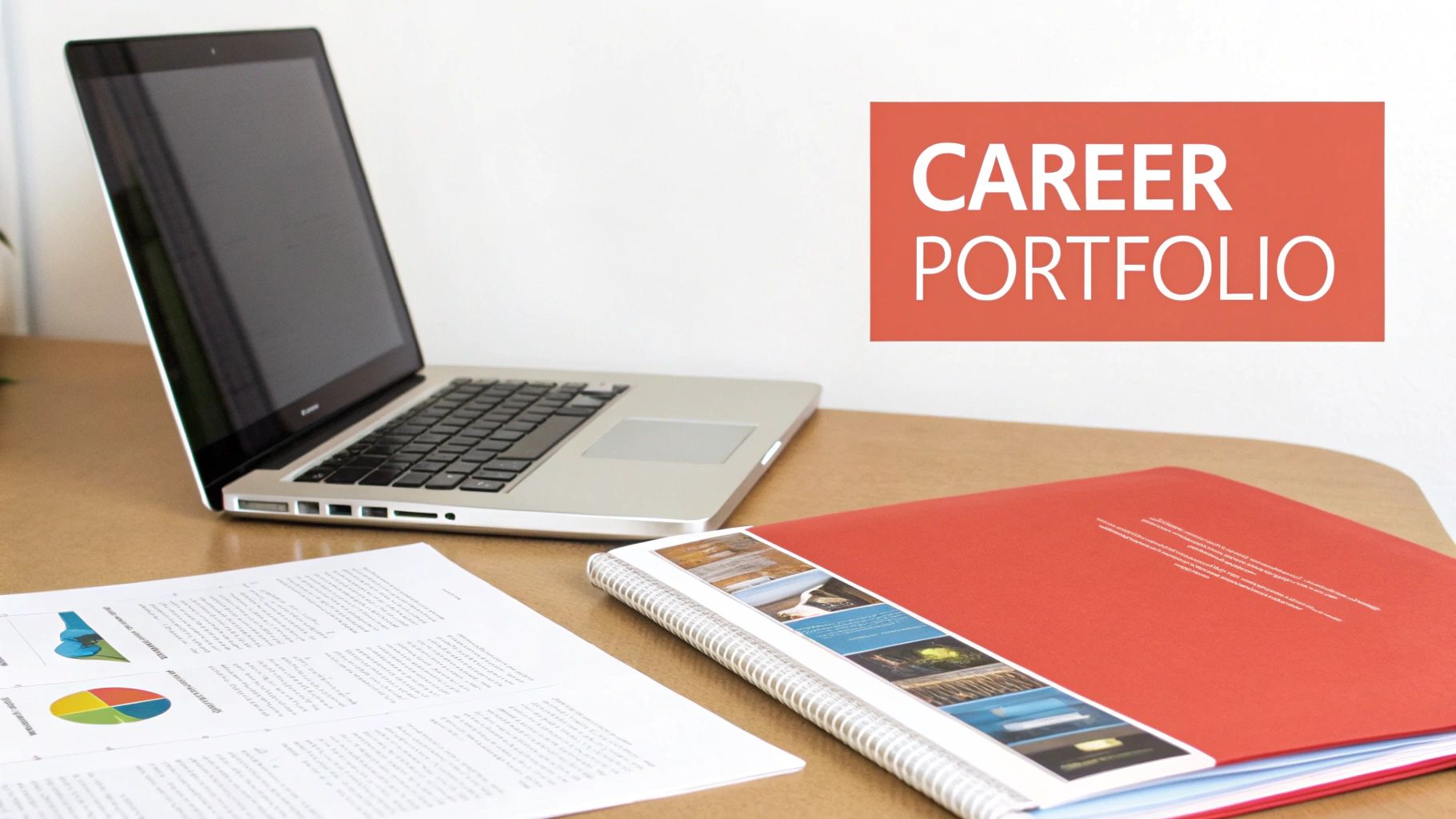 A desk with an open laptop, a red 'Career Portfolio' binder, and printed documents.