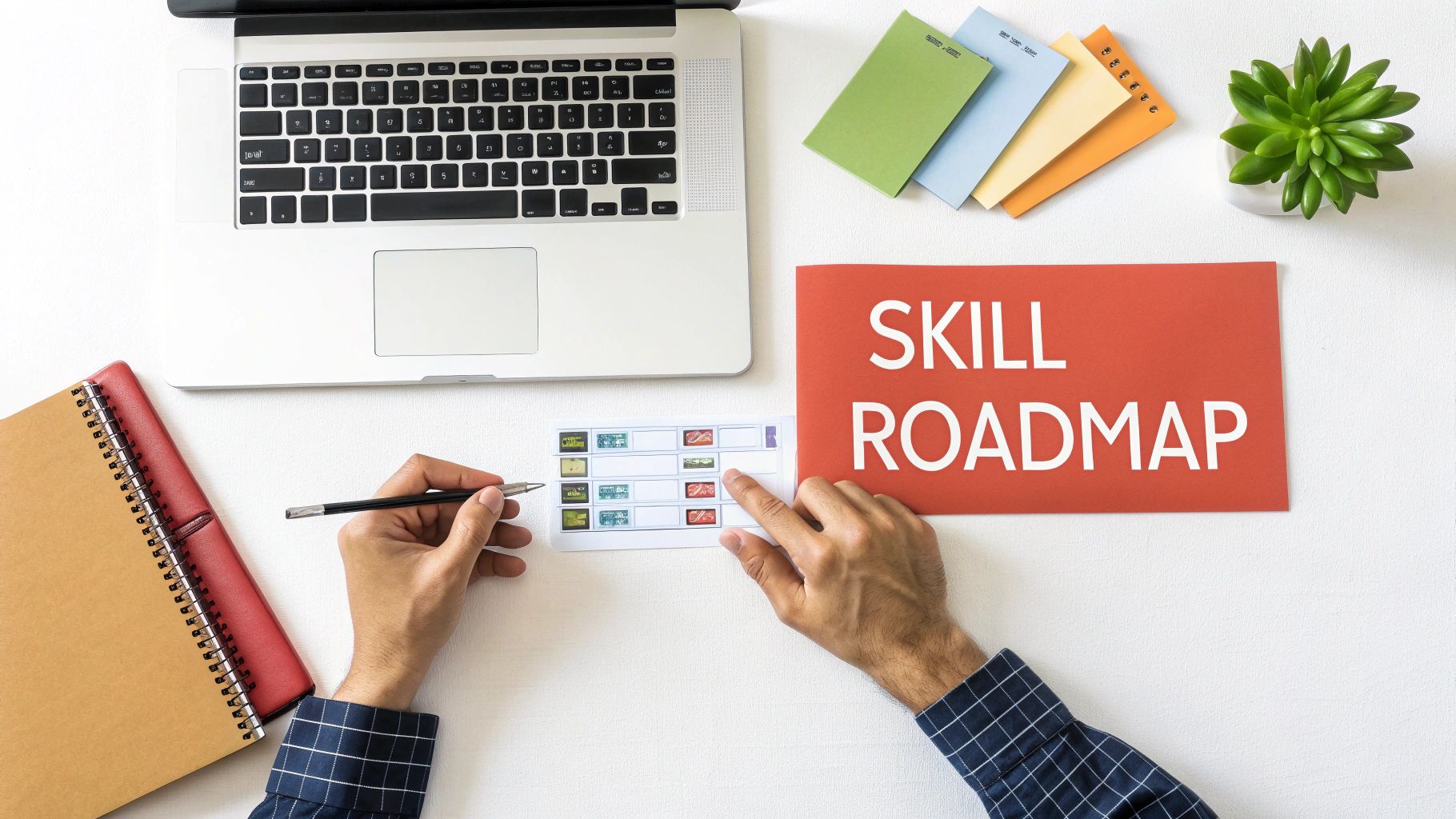 Overhead shot of a person planning a skill roadmap at a white desk with a laptop and notebooks.