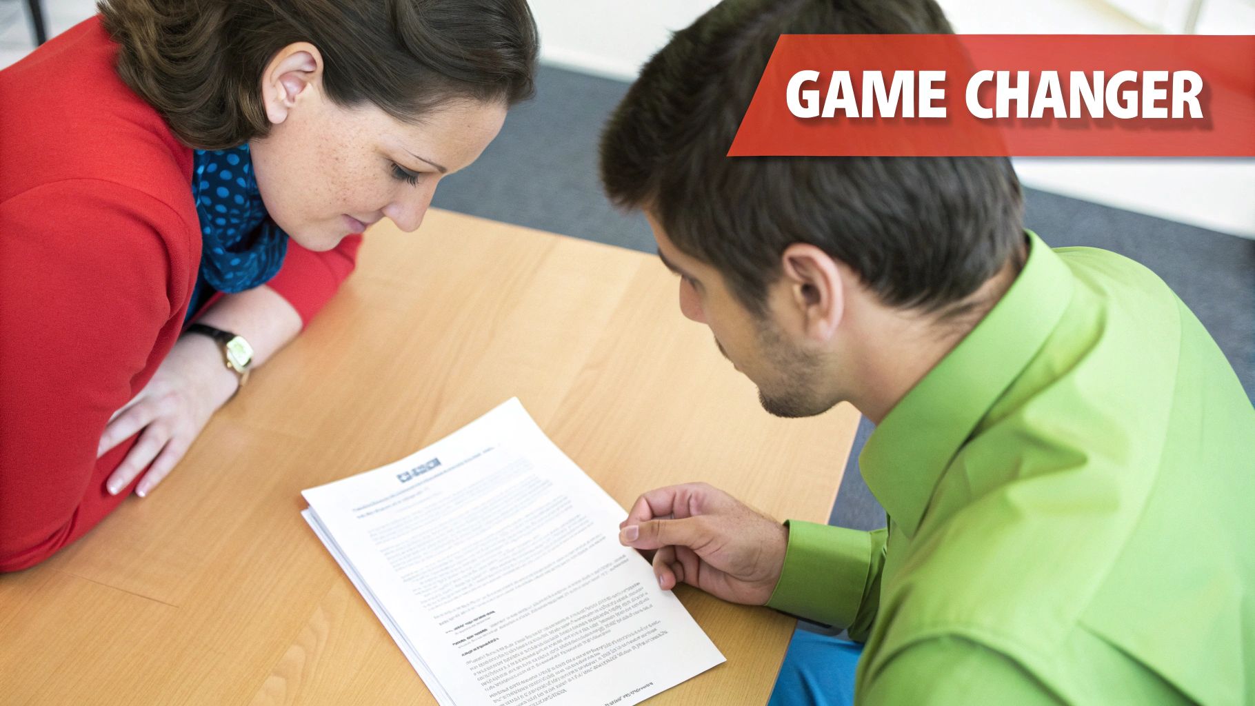 Two professionals, a woman and a man, intently reviewing documents together on a wooden table.
